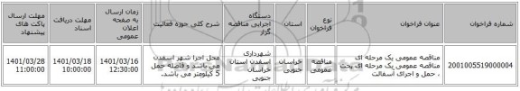 مناقصه، مناقصه عمومی یک مرحله ای مناقصه عمومی یک مرحله ای پخت ، حمل و اجرای آسفالت