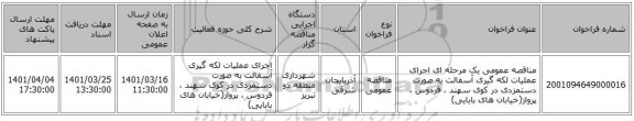 مناقصه، مناقصه عمومی یک مرحله ای اجرای عملیات لکه گیری آسفالت به صورت دستمزدی در کوی سهند ، فردوس ، پرواز(خیابان های بابایی)