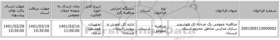مناقصه، مناقصه عمومی یک مرحله ای هوشمند سازی مدارس مناطق محروم استان لرستان