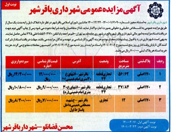 مزایده اجاره املاک کاربری تجاری