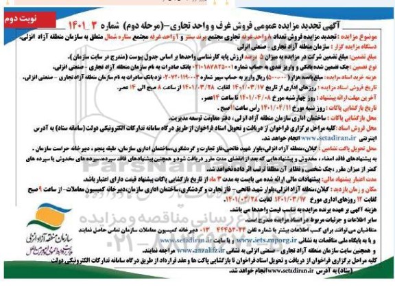 مزایده فروش غرف و واحد تجاری نوبت دوم مرحله دوم
