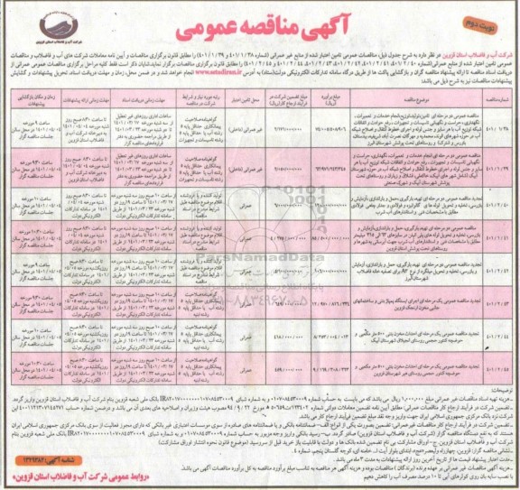 مناقصه تامین،تولید،توزیع و انجام خدمات و تعمیرات،نگهداری ،حراست و نگهبانی تاسیسات و تجهیزات، - نوبت دوم