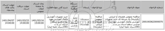 مناقصه، مناقصه عمومی همزمان با ارزیابی (یکپارچه) یک مرحله ای خرید تجهیزات آموزشی وکمک آموزشی مورد نیاز مدارس سطح استان س و ب (150سری جعبه ابزار)