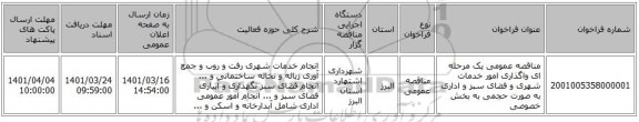مناقصه، مناقصه عمومی یک مرحله ای واگذاری امور خدمات شهری و فضای سبز و اداری به صورت حجمی به بخش خصوصی