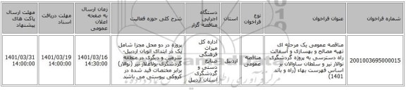 مناقصه، مناقصه عمومی یک مرحله ای تهیه مصالح و بهسازی و آسفالت  راه دسترسی به پروژه گردشگری نوالار نیر و سلطان ساوالان بر اساس فهرست بهاء (راه و باند 1401)