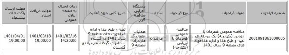 مناقصه، مناقصه عمومی همزمان با ارزیابی (یکپارچه) یک مرحله ای تهیه و طبخ غذا و اداره غذاخوری های منطقه 9 سال 1401