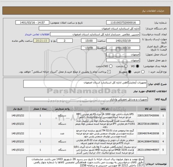 استعلام تجهیزات آزمایشگاهی اداره کل استاندارد استان اصفهان