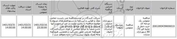 مناقصه، مناقصه عمومی یک مرحله ای خرید،حمل و تخلیه قیر 70-60 شهرداری چناران