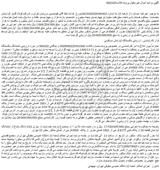 مزایده فروش آپارتمان قطعه 36 از پلاک ثبتی 1863/8375 مفروز از 6969 فرعی از اصلی