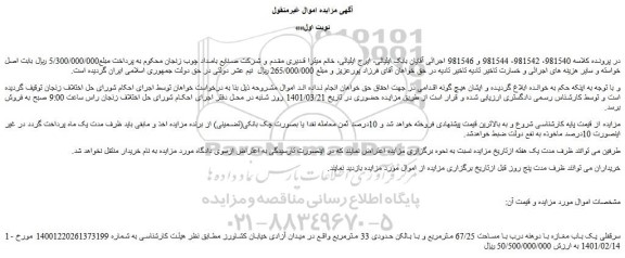 مزایده فروش 1- سرقفلی یک باب مغازه با دوهنه درب با مساحت 67/25 مترمربع و با بالکن حدودی 33 مترمربع
