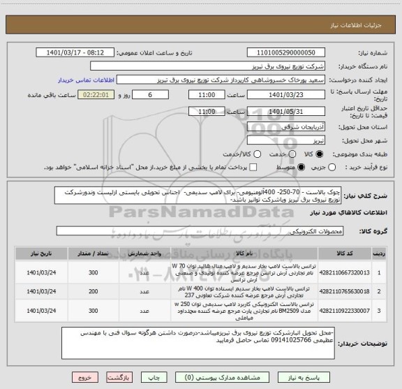 استعلام چوک بالاست - 70-250- 400آلومنیومی- برای لامپ سدیمی-  اجناس تحویلی بایستی ازلیست وندورشرکت توزیع نیروی برق تبریز ویاشرکت توانیر باشد-