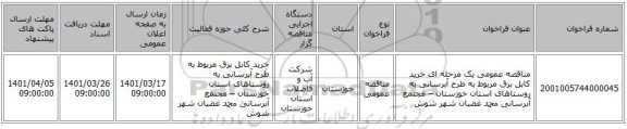 مناقصه، مناقصه عمومی یک مرحله ای خرید کابل برق مربوط به طرح آبرسانی به روستاهای استان خوزستان – مجتمع آبرسانی محمد غضبان شهر شوش