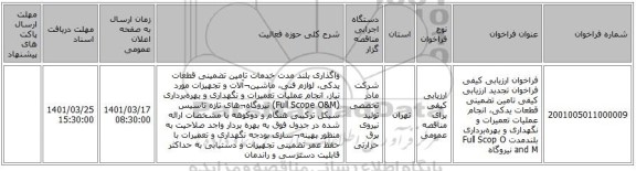 مناقصه، فراخوان ارزیابی کیفی فراخوان تجدید ارزیابی کیفی تامین تضمینی قطعات یدکی، انجام عملیات تعمیرات و نگهداری و بهره‌برداری بلندمدت Full Scop O and M نیروگاه