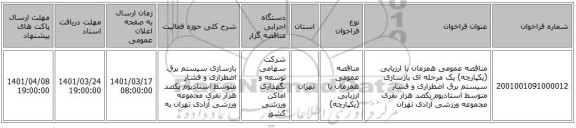 مناقصه، مناقصه عمومی همزمان با ارزیابی (یکپارچه) یک مرحله ای بازسازی سیستم برق اضطراری و فشار متوسط استادیوم یکصد هزار نفری مجموعه ورزشی آزادی تهران