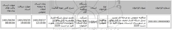 مناقصه، مناقصه عمومی دو مرحله ای تجدید تبدیل شبکه فشار ضعیف به کابل واقع در شهرستان اردستان بصورت کلید در دست 2225