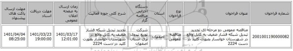 مناقصه، مناقصه عمومی دو مرحله ای تجدید تبدیل شبکه فشار ضعیف به کابل واقع در شهرستان خوانسار بصورت کلید در دست 2224