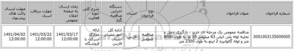 مناقصه، مناقصه عمومی یک مرحله ای خرید ، بارگیری حمل و تخلیه  لوله پلی اتیلن 63 میلیمتر  16 بار به طول 6600 متر و لوله گالوانیزه 2 اینچ به طول 2300 متر