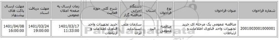 مناقصه، مناقصه عمومی یک مرحله ای خرید تجهیزات واحد فناوری اطلاعات و ارتباطات