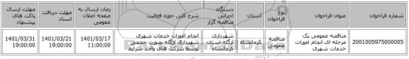 مناقصه، مناقصه عمومی یک مرحله ای انجام امورات خدمات شهری