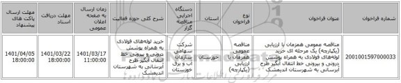 مناقصه، مناقصه عمومی همزمان با ارزیابی (یکپارچه) یک مرحله ای خرید لوله‌های فولادی به همراه پوشش درونی و بیرونی خط انتقال آبگیر طرح آبرسانی به شهرستان اندیمشک
