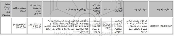 مناقصه، فراخوان ارزیابی کیفی عملیات تکمیلی احداث تصفیه خانه فاضلاب شهرک ولیعصر تربت حیدریه