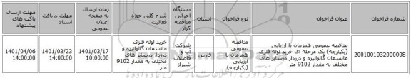 مناقصه، مناقصه عمومی همزمان با ارزیابی (یکپارچه) یک مرحله ای خرید لوله فلزی مانسمان گالوانیزه و درزدار درسایز های مختلف به مقدار 9102 متر