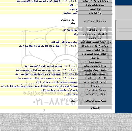 مناقصه, عملیات تهیه و اجرای سیستم های کنترل و مانیتورینگ شهرهای استان