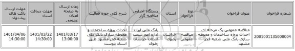 مناقصه، مناقصه عمومی یک مرحله ای احداث پروژه ساختمان و محوطه سازی بانک ملی شعبه فجر مشهد