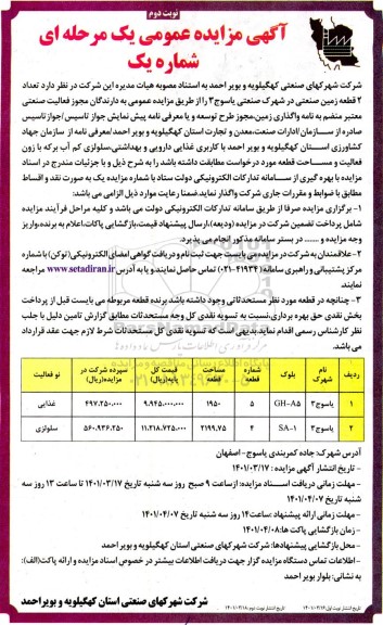 مزایده عمومی واگذاری تعداد 2 قطعه زمین صنعتی نوبت دوم 