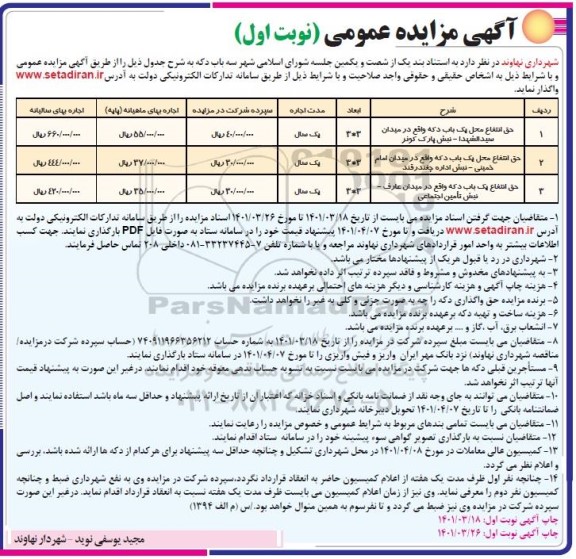مزایده واگذاری سه باب دکه