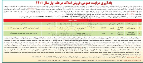 مزایده فروش املاک و اراضی