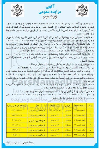 مزایده واگذاری تعداد 6 قطعه زمین با کاربری مسکونی نوبت سوم 
