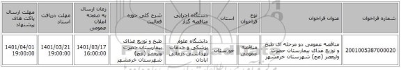 مناقصه، مناقصه عمومی دو مرحله ای طبخ و توزیع غذای بیمارستان حضرت ولیعصر (عج) شهرستان خرمشهر