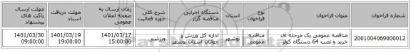 مناقصه، مناقصه عمومی یک مرحله ای خرید و نصب 64 دستگاه کولر