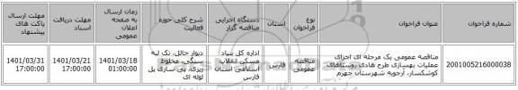 مناقصه، مناقصه عمومی یک مرحله ای اجرای عملیات بهسازی طرح هادی روستاهای کوشکسار، آرجویه شهرستان جهرم