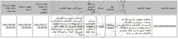 مناقصه، مناقصه عمومی یک مرحله ای خدمات سرویس و نگهداری تأسیسات الکتریکی و مکانیکی و آسانسورها و سیستم اعلام و اطفاء حریق و درب های برقی و مکانیکی مستقر در ساخ