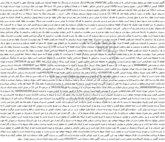 آگهی مزایده دانگ مشاع از ششدانگ یک قطعه آپارتمان مسکونی نوع ملک طلق با کاربری به پلاک ثبتی 16631 فرعی از 1863 اصلی