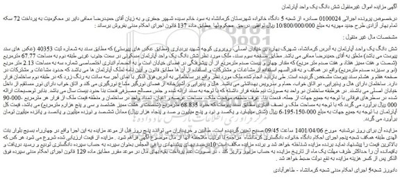 مزایده فروش شش دانگ یک واحد آپارتمان 