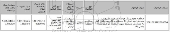 مناقصه، مناقصه عمومی یک مرحله ای خرید الکتروپمپ مستغرق به تعداد 14 دستگاه و الکتروپمپ لجن کش به تعداد یک دستگاه جهت استفاده در شهرستان پارس آباد