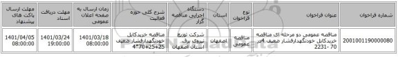 مناقصه، مناقصه عمومی دو مرحله ای مناقصه خریدکابل خودنگهدارفشار ضعیف 4در 70 -2231