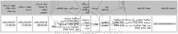 مناقصه، مناقصه عمومی یک مرحله ای مناقصه شماره 11753/1401خریـد 3.600.000 عدد لوله خونگیری درب زرد ژلدار Silica (Clot Act)- Gel