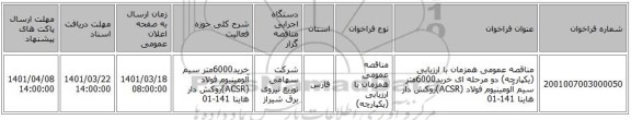 مناقصه، مناقصه عمومی همزمان با ارزیابی (یکپارچه) دو مرحله ای خرید6000متر سیم آلومینیوم فولاد (ACSR)روکش دار هاینا 141-01