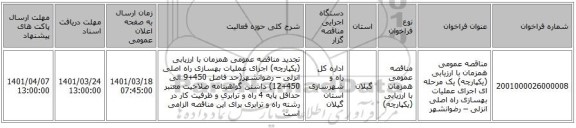 مناقصه، مناقصه عمومی همزمان با ارزیابی (یکپارچه) یک مرحله ای اجرای عملیات بهسازی راه اصلی انزلی – رضوانشهر