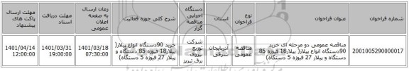 مناقصه، مناقصه عمومی دو مرحله ای خرید 90دستگاه انواع پیلار(  پیلار18 فیوزه  85 دستگاه و پیلار 27 فیوزه 5 دستگاه)