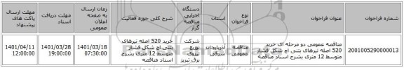 مناقصه، مناقصه عمومی دو مرحله ای خرید 520 اصله تیرهای بتنی اچ شکل فشار متوسط 12 متری بشرح اسناد مناقصه