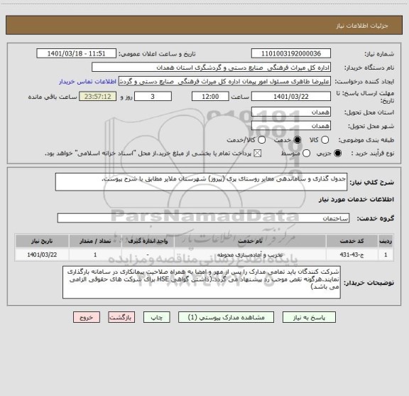 استعلام جدول گذاری و ساماندهی معابر روستای پری (پیروز) شهرستان ملایر مطابق با شرح پیوست.