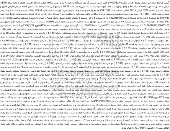 آگهی مزایده ششدانگ یک دستگاه آپارتمان به پلاک ثبتی 49091 فرعی از 162 اصلی