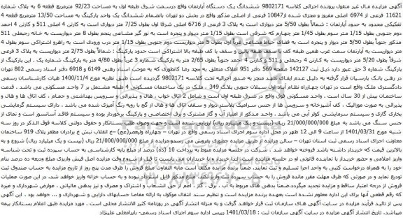 آگهی مزایده ششدانگ یک دستگاه آپارتمان واقع درسمت شرق طبقه اول به مساحت 92/23 مترمربع 