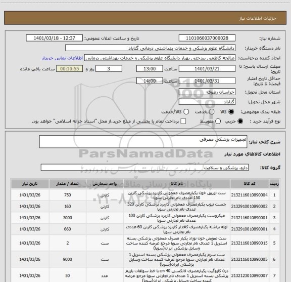 استعلام تجهیزات پزشکی مصرفی