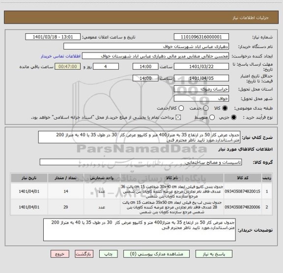 استعلام جدول عرض کار 50 در ارتفاع 35 به متراژ400 متر و کانیوو عرض کار  30 در طول 35 یا 40 به متراژ 200 متر،استاندارد،مورد تایید ناظر محترم فنی
